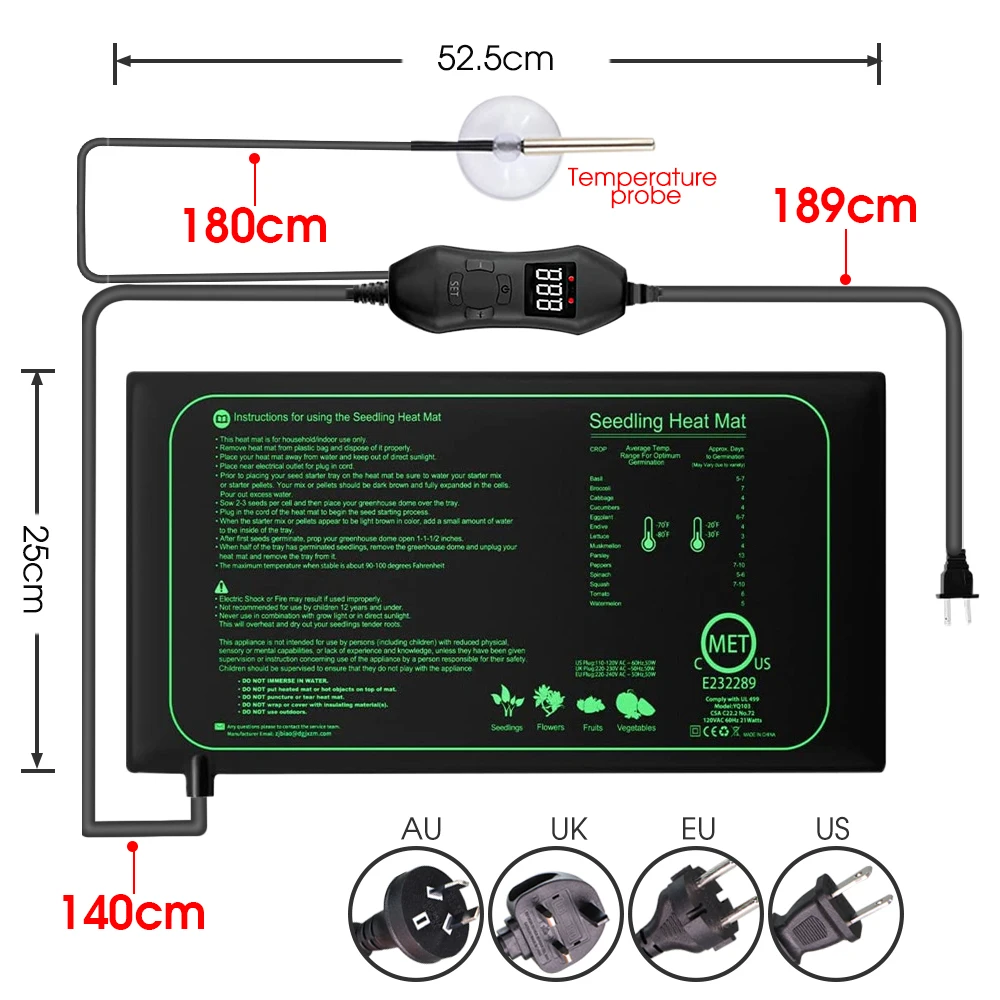 50 W EU-US/UK/AU Einstellbare  – Seedling Heat Mat Bewertung und Preis